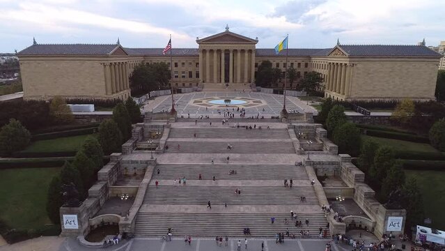 Philadelphia Museum of Art and Rocky Steps. People Are Sitting on the Stairs. Pennsylvania
