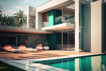 Obraz na płótnie Canvas A huge luxury mansion with a terrace and a pool, generative ai