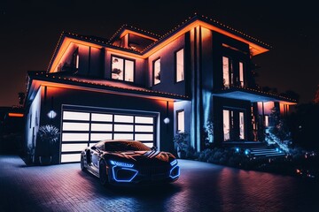A luxury mansion with a sports car and neon lights at night, generative ai - obrazy, fototapety, plakaty