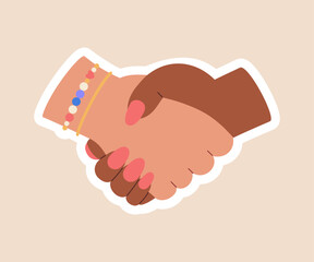 Female handshake. Feminist sticker. Women friendship and partnership concept. Hand drawn vector illustration isolated on yellow background. Modern flat cartoon style