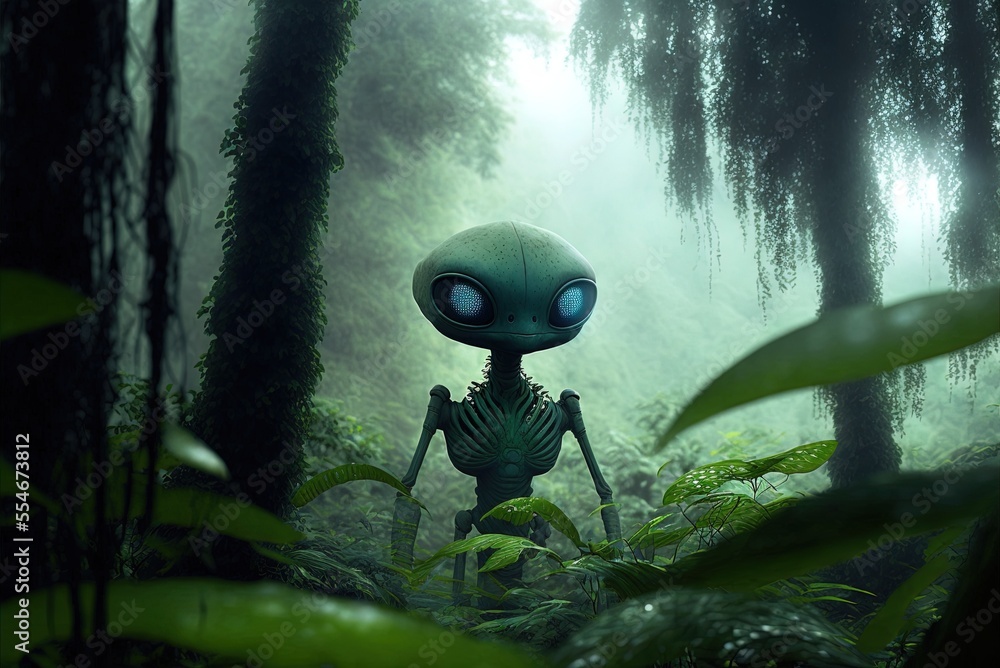 Poster a 3d image of an extraterrestrial in a misty jungle. generative ai