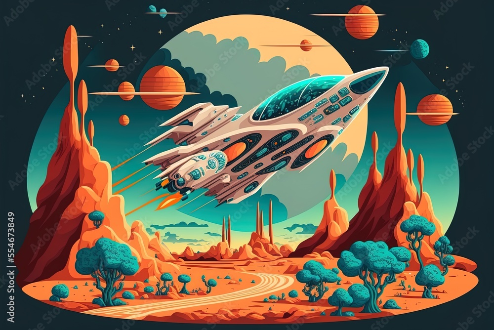 Poster a spaceship soars over the land of an extraterrestrial planet. spaceship and planet in cartoon pictu