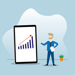 Vector leader man show growth up graph chart at mobile screen business concept