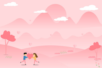 Vector illustration couple and lover pink mountain and flower background landscape valentine cocnept