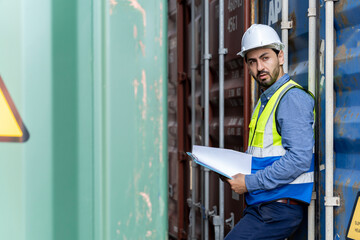 male engineers in a container shipping company Consulting to check the order for the container that is responsible