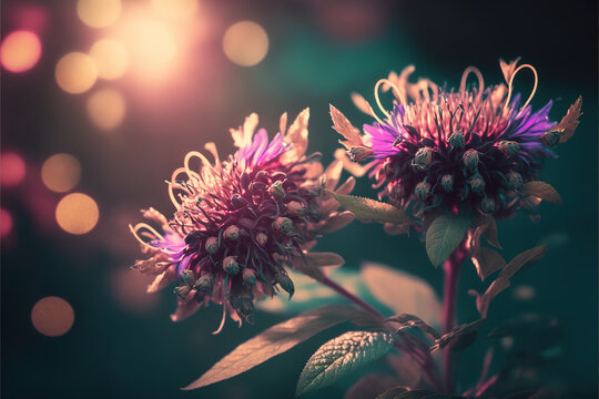 Beautiful purple flowers Vibrant vivid colors Light leaks. Nature blurred background concept. Purple background. Bee Balm Flowers