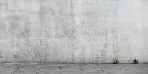 Clean Aged Concrete Grey Street Wide Wall and Sidewalk Floor with Pieces of Grass Weeds on the...
