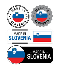 Set of Made in Slovenia labels, logo, Slovenia  flag, Slovenia Product Emblem. Vector illustration