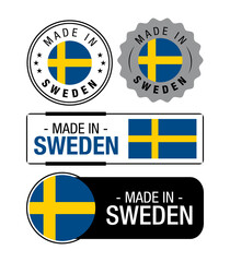 Set of Made in Sweden labels, logo, Sweden flag, Sweden Product Emblem. Vector illustration