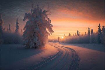 Winter environment with roads, trees, and snowfall. Snow on a road with sunset in the morning. Winter snowy morning with a house.