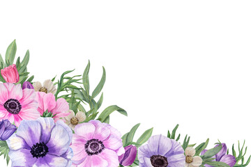 Watercolor anemones isolated on white background. Botanical painting for postcard design, invitation template, Valentine day, birthday, mother day cards