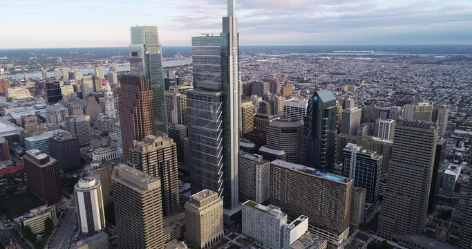 Aerial view of Philadelphia Business District and Downtown. City Hall and Delaware River in Background Pennsylvania