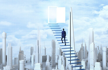 Successful  businessman climbing up the stairs the City. Ladder of success concept 3D rendering illustration.