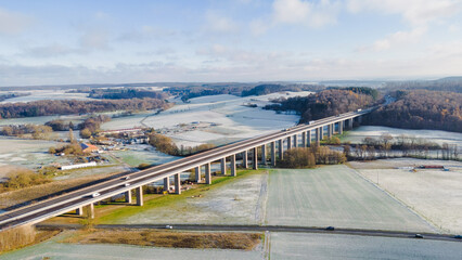 high angle view of highway bridge in the beautiful winter landscape