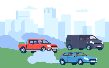 Automobile air pollution. Exhaust gases from cars traffic in city. Smoke emission. Pickup truck and minivan. Urban landscape. Gasoline combustion smog. Ecology contamination. Vector concept