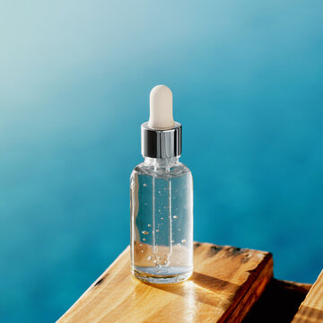 One Mockup Transparent Glass Bottle On Wooden Deck Over Blue Water. Cosmetics Collagen Serum, Organic Essential Or Aroma Oil For Beauty Skin Care. Summer Hydrating And Vitalizing Essentials