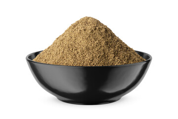 Ground black pepper in black bowl isolated on white. Front view.
