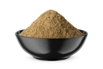 Ground black pepper in black bowl isolated on white. Front view.