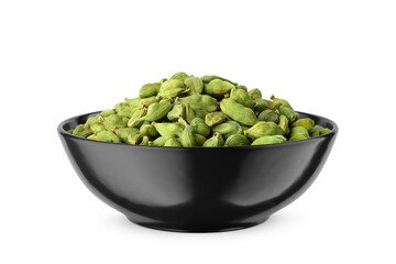 Cardamom pods in black bowl isolated on white. Side view.