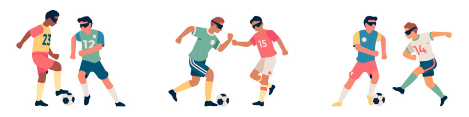 Fototapeta na wymiar Blind people with disabilities play soccer. Disabled sportsmen. Football game. Players in blindfolds. Men run with ball. Sport and blindness. Vision incapability. Vector footballers set