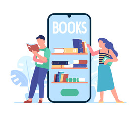 Books online. Smartphone application. Mobile service for reading. People choose literature. Digital bookshelf. E-library app. Students e-learning. Persons with ebooks. Vector concept