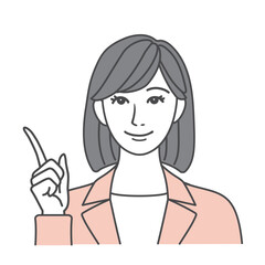指差しポーズでポイントを説明をするスーツを着た女性のイラスト素材 ピンク