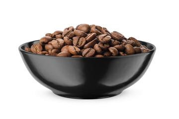 Roasted coffee beans in black bowl isolated on white. Front view.