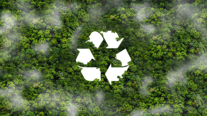Recycled signage concept amidst the natural beauty of the natural environment. Ecological metaphor for ecological waste management and sustainable and frugal lifestyles. - obrazy, fototapety, plakaty