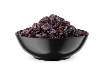 Black raisin in black bowl isolated on white. Front view.