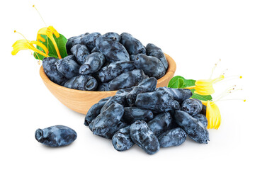 Fresh honeysuckle blue berry in wooden bowl isolated on white background with full depth of field