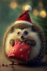 the whole figure of a cute little hedgehog in a Santa hat.
