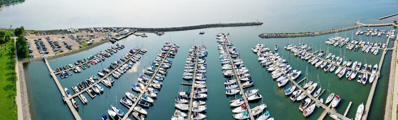 Aerial panorama of the Bronte Marina in Oakville, Ontario, Canada