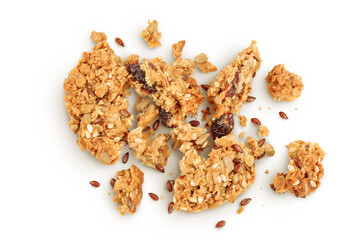 Granola cookie isolated on white background with full depth of field. Top view. Flat lay.