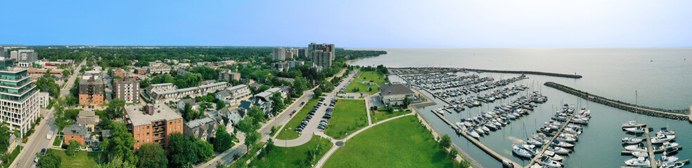 Aerial panorama scene of the Bronte area of Oakville, Ontario, Canada