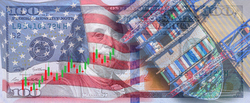 Logistics industry and transportation business concept. Shipping port and import export container cargo ship loading by crane. Dollar cash background. Double Exposure