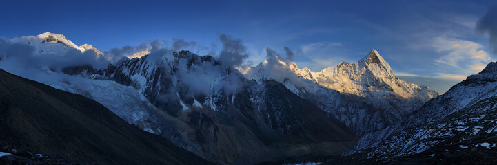 Panoramic view of the Mt. Machapuchare before sunset near Annapurna base camp. Himalaya mountains,...