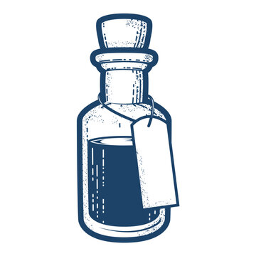 Vintage bottle with poison or medicine, liquid drug mixture with corck and tag, flask for mixture or essential oils, vector
