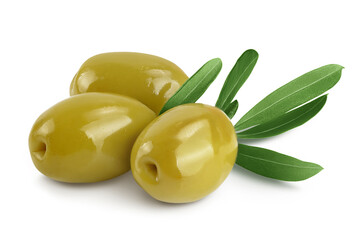 Green olives with leaves isolated on a white background with full depth of field.