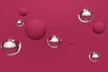 Magenta abstract background with glass flying bubbles. 3d rendering