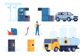 Gas station. Diesel refuel. Petroleum barrel and canister. Gasoline truck. Worker in uniform with refueling nozzle. Automobile refill. Fossil fuel. Flat style badges. Vector elements set