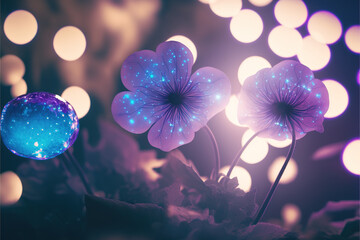 Purple Flowers in the spring morning with light leaks with dreamy bokeh background. Balloon Flowers. Nature concept, Copy space