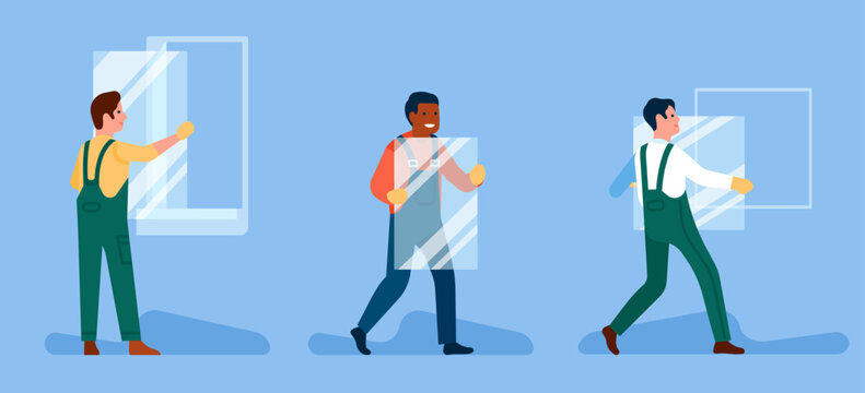 Glass industry workers install window. Construction installation. Builders work. Repairman in uniform. Professional repair service. Frame installer. Fix maintenance. Vector glaziers set