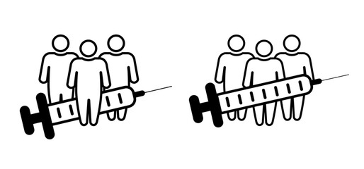 Cartoon stickman, stick figure man and medical syringe and people. Health, immunization symbol or icon. Vaccination of the population, make an injection. For World diabetes day. 