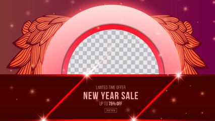 Red new year doodle sale promotion poster banner with product display and festive decoration red background