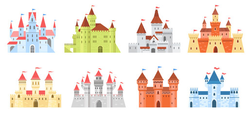 Obraz premium Kingdoms and castles. Medieval king palaces. Cartoon towers and fortress walls. Turret with waving flags on spires. Fabulous princess habitation. Fairytale architecture. Splendid vector set