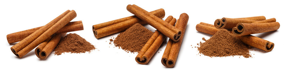 Collection of cinnamon sticks and powder, isolated on white background