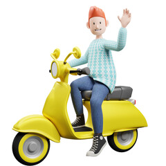 PNG of a 3d character of a boy sitting and waving on a motor cycle