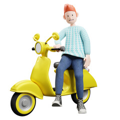 PNG of a 3d character of a boy posing next to a motorcycle