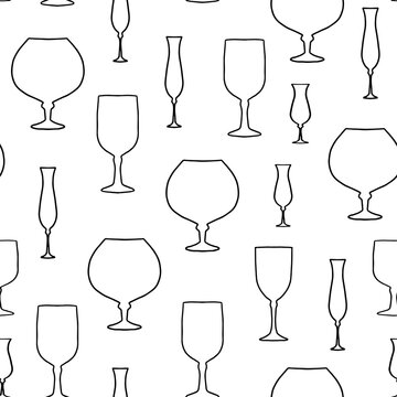 Contour pattern of glasses for alcoholic drinks. Seamless vector image on a transparent background.