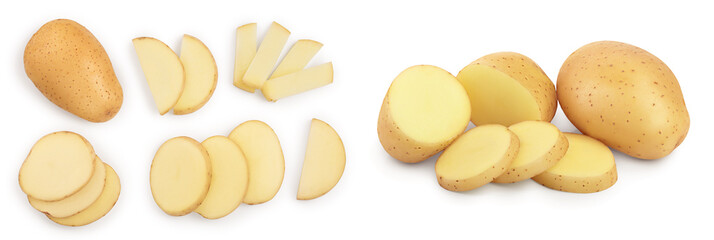 Young potato isolated on white background. Harvest new. Top view. Flat lay, Set or collection